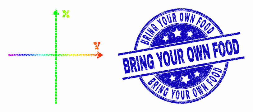 Dot spectrum Cartesian axes mosaic pictogram and Bring Your Own Food seal stamp. Blue vector rounded textured watermark with Bring Your Own Food message. Vector combination in flat style.