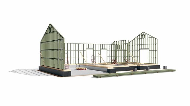 Stages of building process of frame construction house with plaster finishing. 60 fps animation.