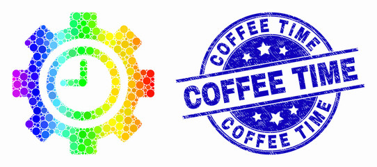 Obraz premium Dotted bright spectral clock settings gear mosaic icon and Coffee Time watermark. Blue vector round textured watermark with Coffee Time caption. Vector composition in flat style.