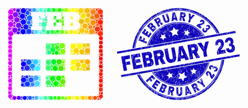 Dot spectral february calendar mosaic pictogram and February 23 stamp. Blue vector round distress stamp with February 23 text. Vector combination in flat style.