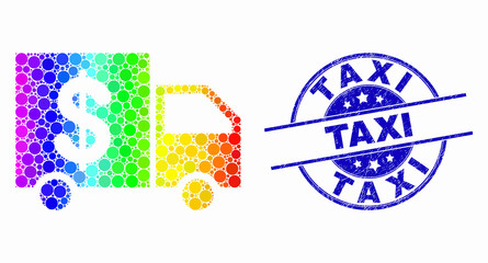 Dotted bright spectral banking delivery mosaic pictogram and Taxi seal. Blue vector round grunge seal stamp with Taxi title. Vector collage in flat style.