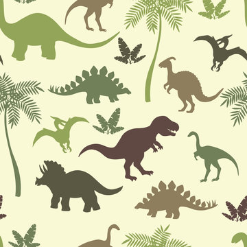Seamless pattern with colorful dinosaur silhouettes