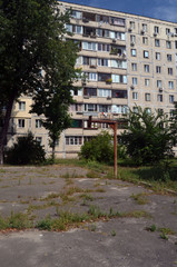 Modern ghetto. Depressive district. Residential area in Kiev at summer. Exterior