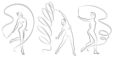 Collection. Rhythmic gymnastics. Silhouette of a girl with a ribbon. Beautiful gymnast. The woman is slim and young. Vector illustration set.