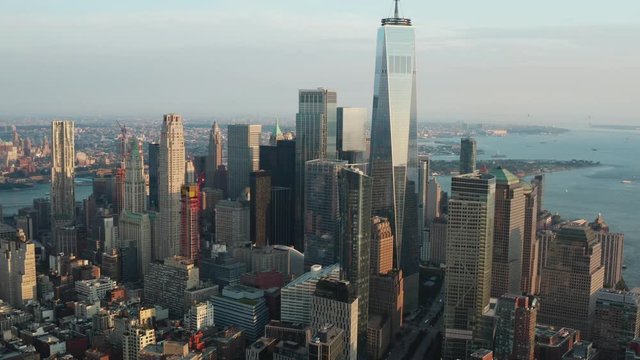 Aerial shooting of New York. Cityscape view of Manhattan from a drone. 