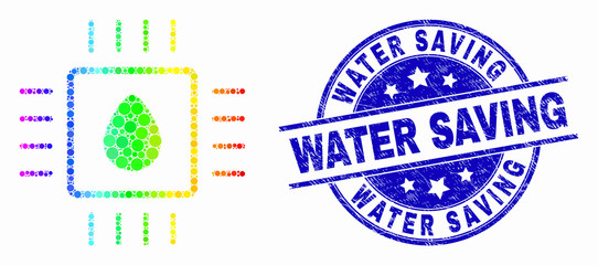 Pixel rainbow gradiented liquid processor mosaic icon and Water Saving seal. Blue vector rounded distress stamp with Water Saving text. Vector composition in flat style.