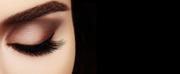 Beautiful Macro Female Eye with Extreme Long Eyelashes and Celebrate Makeup. Perfect Shape Make-up, Fashion Long Lashes - obrazy, fototapety, plakaty