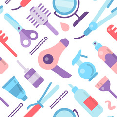 Seamless pattern with different hair care accessories and instruments