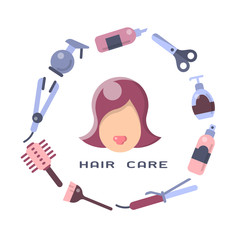 Female head surrounded by hair care instruments and accessories
