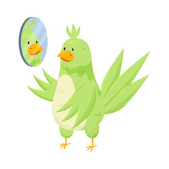 Fototapeta premium Adorable green tropical parrot is looking in room mirror