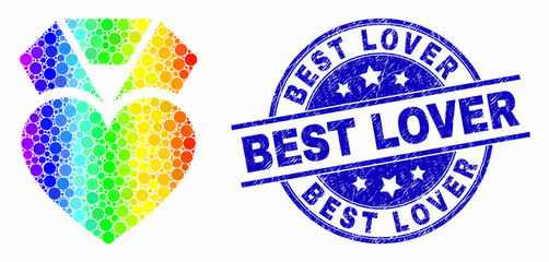 Pixelated spectral heart award mosaic pictogram and Best Lover seal. Blue vector round textured seal stamp with Best Lover title. Vector combination in flat style.