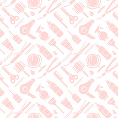 Seamless pattern with hair care accessories and instruments in flat style
