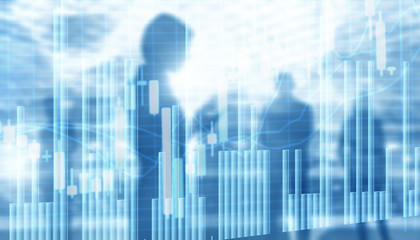 Fototapeta na wymiar Silhouettes of Business People. Stock Market Graph and Bar Candlestick Chart.