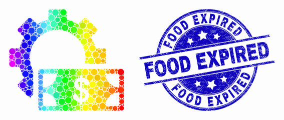 Dot spectrum financial settings gear mosaic icon and Food Expired seal stamp. Blue vector rounded grunge seal stamp with Food Expired caption. Vector collage in flat style.
