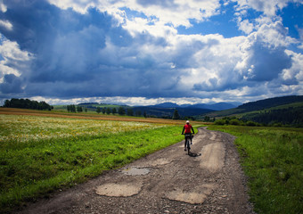 Obraz premium cyclist going through the foothill summer country