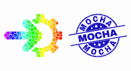 Dotted bright spectral cog arrow integration mosaic icon and Mocha seal stamp. Blue vector round textured seal with Mocha message. Vector composition in flat style.