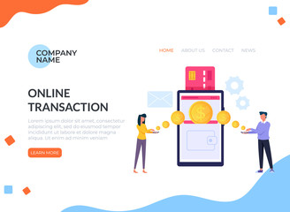 Two people characters making online money transaction exchanging. Online payment banner poster concept. Vector flat cartoon graphic design illustration