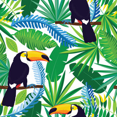 tropical pattern with toucan birds - obrazy, fototapety, plakaty
