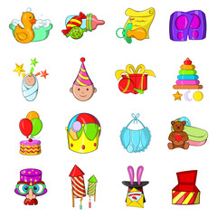 Moppet stuff icons set. Cartoon set of 16 moppet stuff vector icons for web isolated on white background