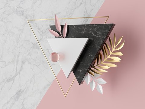 3d abstract modern minimal background, white triangular canvas, black marble texture, pink glass ball, golden triangle, geometric fashion decor, paper palm leaves, simple clean design, blank mockup