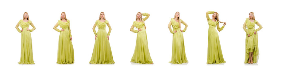 Young woman in elegant long green dress isolated on white