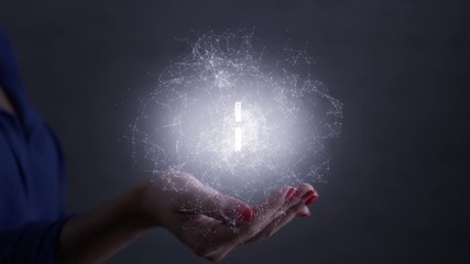 Cloud computing. Futuristic glowing hologram is over the palm and hand of woman. Technology connectivity concept. Shot on RED film camera.