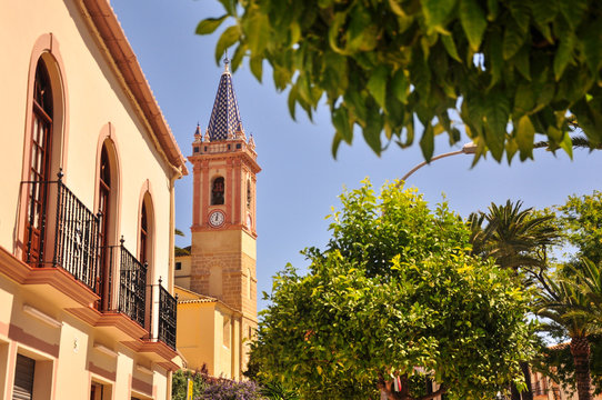 Iglesia Santa Maria de Reposo church bell tower in Campillos Town, Andaluc&iacute;a. Famous old town square (Plaza Espa&ntilde;a).