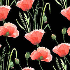 pattern red poppies flowers on a black background, seamless pattern, wallpaper