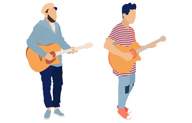 Young group of men playing guitar. Isolated flat illustration - Vector