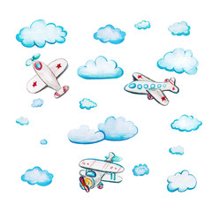 Children's watercolor set with airplanes and clouds.