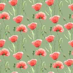 pattern red poppies flowers on a green background, seamless pattern, wallpaper