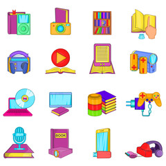 Obtaining information icons set. Cartoon set of 16 obtaining information vector icons for web isolated on white background