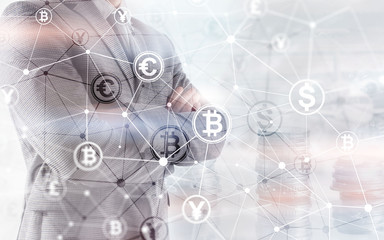 Bitcoin Euro Dollar Finance Web Money concept. oins on virtual screen double exposure.