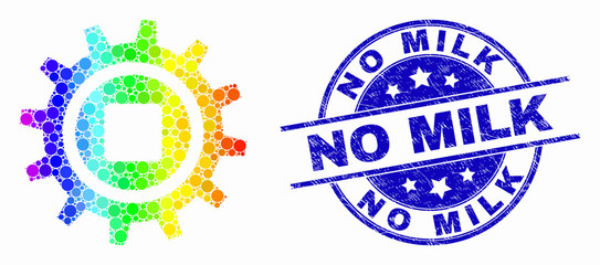 Obraz premium Pixelated spectral gear mosaic pictogram and No Milk stamp. Blue vector round scratched seal stamp with No Milk message. Vector combination in flat style.