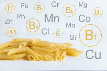 Vitamins and minerals in hard pasta. Conceptual photo with a list of useful substances in pasta. Photo for a blog about diets and healthy nutrition