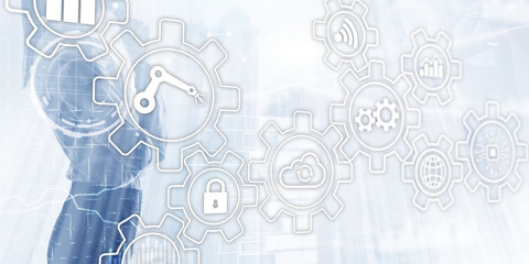 Business process Automation Smart industry Artificial Intelligence. Gears mechanism mixed media.