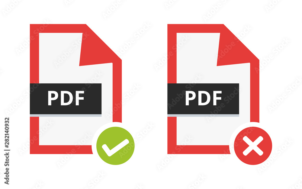 Poster Vector correct approved and incorrect disapproved pdf file. Flat icon with green check sign and red cancel sign – error. Symbol of portable document file for web and print isolated on white background