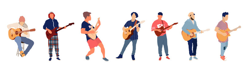 Young group of men playing guitar. Isolated flat illustration - Vector