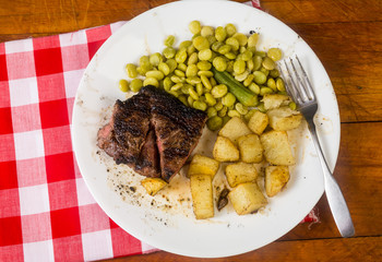 Overhead View of Steak Dinner with Pan-fried Potatoes and Lima Beans with Okra