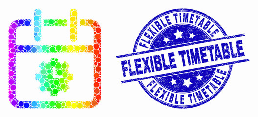 Pixel rainbow gradiented calendar time options mosaic icon and Flexible Timetable watermark. Blue vector round grunge watermark with Flexible Timetable text. Vector composition in flat style.
