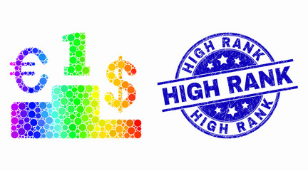 Dotted rainbow gradiented currency pedestal mosaic pictogram and High Rank stamp. Blue vector round distress seal with High Rank message. Vector combination in flat style.