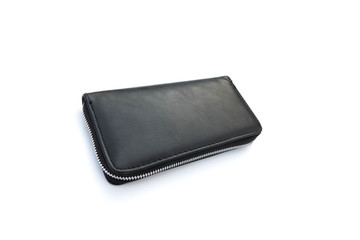 Black leather wallet with dollars isolated on white background.