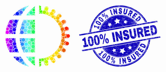 Dot bright spectral global service mosaic icon and 100% Insured seal. Blue vector rounded distress stamp with 100% Insured caption. Vector combination in flat style.