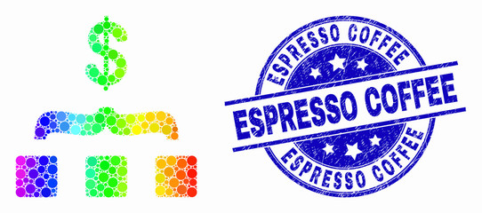 Obraz premium Dot rainbow gradiented dollar aggregation mosaic pictogram and Espresso Coffee seal stamp. Blue vector round distress seal with Espresso Coffee phrase. Vector collage in flat style.