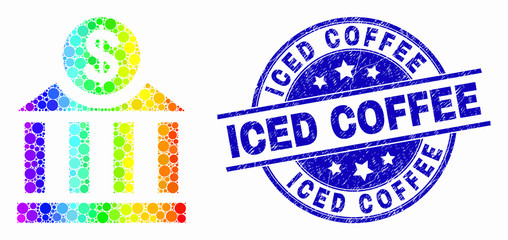 Pixelated rainbow gradiented dollar bank mosaic icon and Iced Coffee seal stamp. Blue vector round textured seal stamp with Iced Coffee text. Vector composition in flat style.