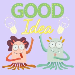Good idea cute monsters in cartoon style on white background. Simple cute vector. Vector cartoon illustration. Design calligraphy. Idea vector icon. Comic face art. Happy animal character.