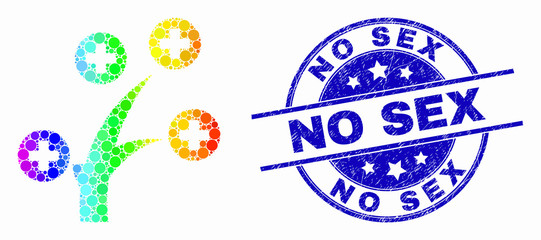 Dotted bright spectral medical tree mosaic icon and No Sex seal. Blue vector rounded textured seal with No Sex text. Vector combination in flat style.