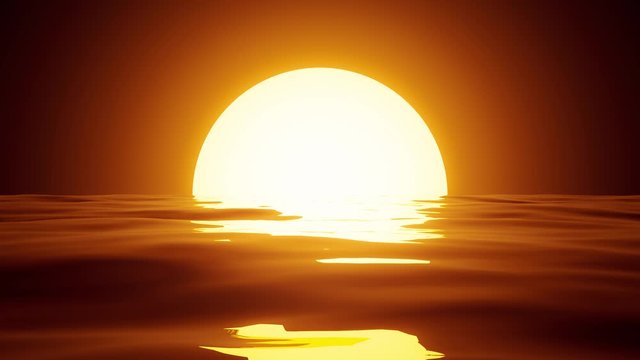 Big sun at sunset. Reflection of Sun light in waves of water surface. Looping animation.