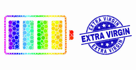 Dotted bright spectral electric battery mosaic pictogram and Extra Virgin stamp. Blue vector round distress seal with Extra Virgin message. Vector collage in flat style.