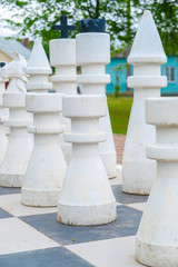 Image of large chess pieces on a street in Sebezh, Russia